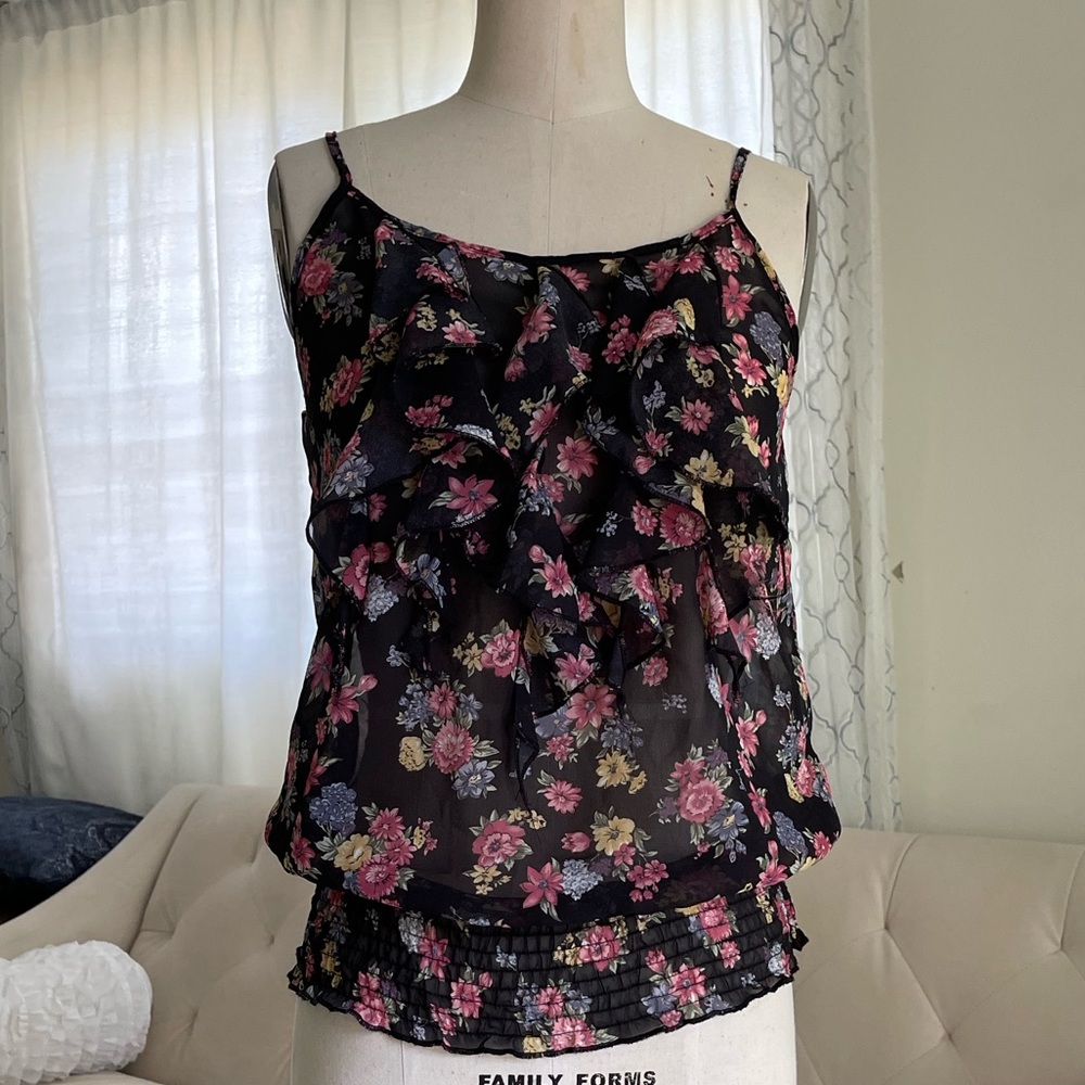 Floral chiffon ruffle chest camisole blouse -S